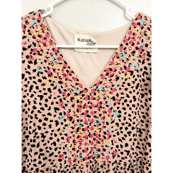 Savanna Jane Lucky in Leopard Shift Dress Embroidered Cheetah Flowers Boho Large - Picture 4 of 10